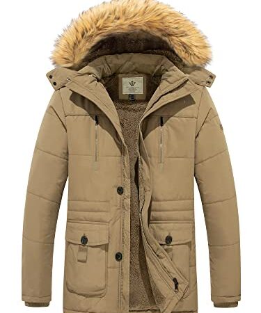 WenVen Giacca in Cotone Stile Militare Parka con Cappuccio con Pelliccia Giubbotto Spesso Antivento Jacket Outdoor Casual Uomo Cachi XL