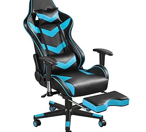 Yaheetech Sedia da Gaming Ergonomica Lombare con Poggiapiedi Schienale Alto Reclinabile 180° Poltrona Ufficio Girevole Imbottita in Ecopelle con Braccioli Regolabili Portata 140 kg Nera/Blu