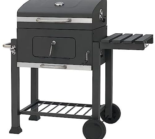 Barbecue Grill A Carbonella BBQ Da Giardino Picnic Balcone Terrazzo Con Coperchio Ruote E Termometro Ripiano Laterale Ribaltabile Con 4 Ganci Manico In Acciaio Inox 106 x 46 x 114 cm Colore Nero