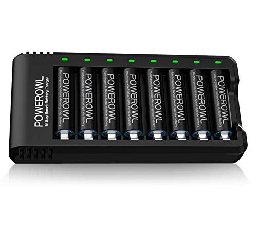 Batterie Ricaricabili AA, POWEROWL 8 Pezzi 2800 mAh Batterie 1,2V Ni-MH 1200 cicli Alta Capacità con Caricabatterie 8 Slot (Ricarica Rapida USB, Slot Indipendente)