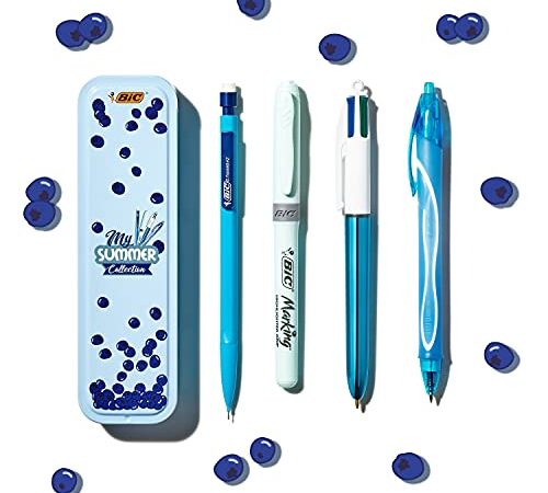 BIC, My Summer Collection Blue Box, Set Cancelleria con Penna BIC 4Colori, Penna Gel Azzurra Quick-Dry, Pennarello Indelebile BIC Intensity, Portamine BIC Matic, Idea Regalo