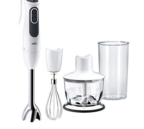 Braun Frullatore a Immersione MQ3135WH Minipimer, Tecnologia Tedesca, regolazione fino a 11 velocità, potenza 750W, Dotato di bicchiere da 600ml, frusta a filo e tritatutto da 500ml, Bianco/Grigio