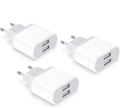 Caricatore USB, 2.1A/5V 3-Pack Presa for iPhone 14 13 12 11 Pro Max/XS/XR/X/8/7/6/6S Plus, Samsung Galaxy, 2Port Alimentatore Spina Muro Adattatore Caricabatterie Spine Carica Batterie