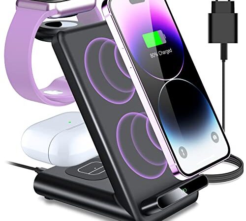 Caricatore wireless 3 in 1 Per iPhone 14/14 Pro/14 Plus/14 Pro Max/13 Pro/13 Mini/12/12 Pro/11/X/8, Ricarica Wireless Per Apple Watch Ultra 8 7 6 SE 5 4 3, AirPods 3/Pro 2-con Caricatore USB C 20W