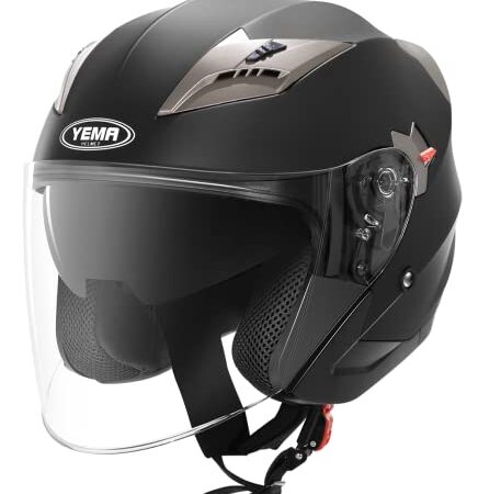 Casco Jet Moto Aperto Scooter - YEMA YM-627 Caschi Motorino Vintage ECE Omologato Donna Uomo con Doppia Visiera Parasole, Nero opaco, S