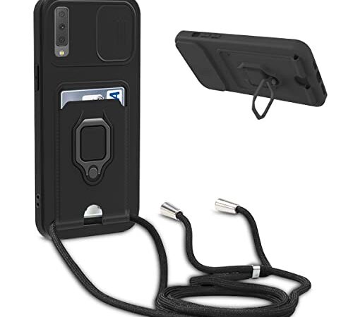 Cqkob Cover con Cordino per Samsung Galaxy A7 2018,Custodia Collana Tracolla Laccio Collo Morbido TPU Silicone Case, Slidable Protezione Fotocamera Slot Carte 360° Anello Support, Nero