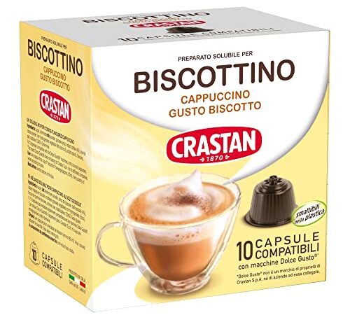 CRASTAN 1870, 10 Capsule, 1 Box da 10 Capsule di Bevanda al Gusto Biscotto, Capsule Compatibili con Dolce Gusto da Zuccherare a Piacere, Bevanda Senza Glutine, 100% Made in Italy