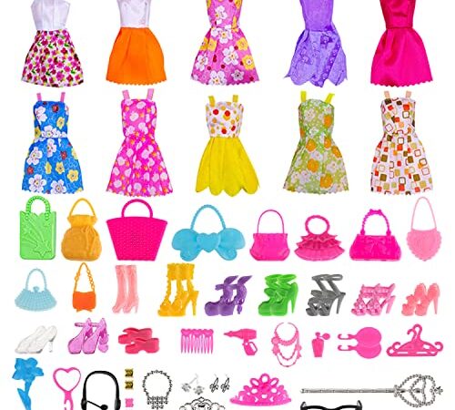 Delsen Set di 50 vestiti Barbie, abbigliamento per bambole, accessori per matrimoni, feste, abiti da sera, 10 mini abito + 10 paia di scarpe + 20 accessori + 10 tasche per bambole da 11,5 pollici