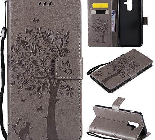 Fatcatparadise Cover per Samsung Galaxy A6 Plus 2018, Custodia Samsung A6 Plus 2018, Custodia Portafoglio a Libro in Pelle Flip Cover e TPU Silicone con Funzione Supporto Chiusura Magnetica (Grigio)