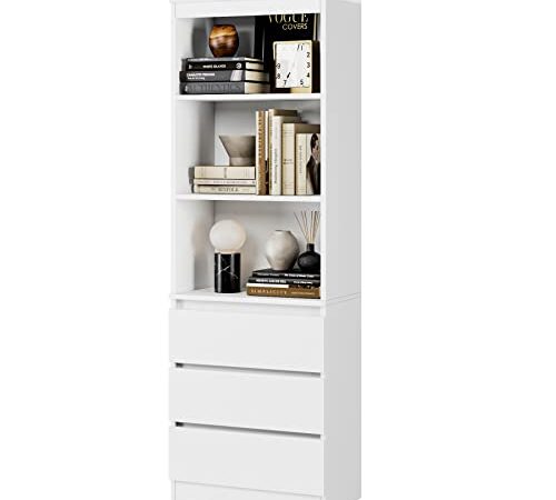 FirFurd Scaffale Libreria con cassetti,Libreria Bianca con 3 Scomparti Aperti e 3 Cassetti,Scaffale per Libri in Legno,Mobile Alto Salvaspazio,per Soggiorno,Camera da Letto, Studio 60x35x180cm(Bianco)