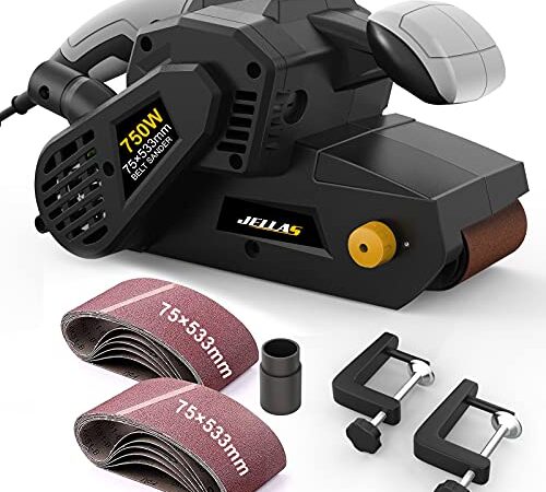 Jellas Levigatrice a Nastro, 750W 10 Nastri Abrasivi 76 x 533 mm Levigatrice Elettrica con Controllo della Velocità Variabile, Adattatori Vuoto 2 in 1, BS02