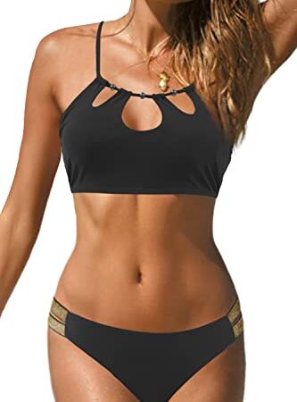 JFAN Costumi da Bagno Donna Cintura d'oro Bikini a Due Pezzi Costume Mare Push up Set Triangolo Spiaggia Swimwear Nero S