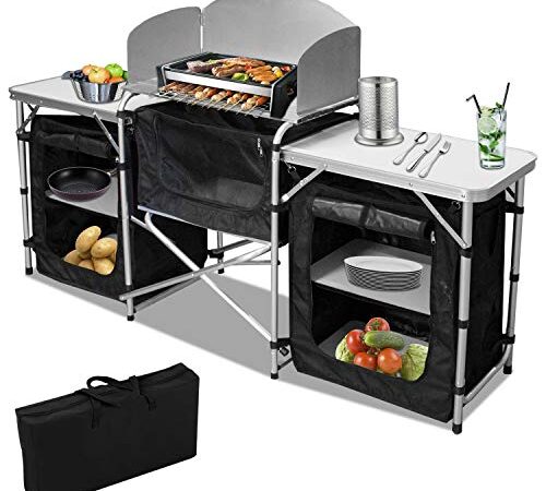 Jiubiaz Cucina da Campeggio con paraspruzzi, Mobile da Campeggio con Borsa per Il Trasporto, Armadio Pieghevole con Telaio in Alluminio, per attività all'aperto, Campeggio, Cucina da Viaggio
