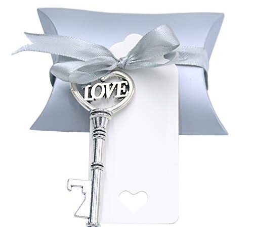 Makhry 50 Pezzi a Forma di Cuore con Love Apribottiglie Chiave Vintage Bomboniera Set Regalo Souvenir con Etichetta Grazie e Nastro di Seta (Antico Argento)