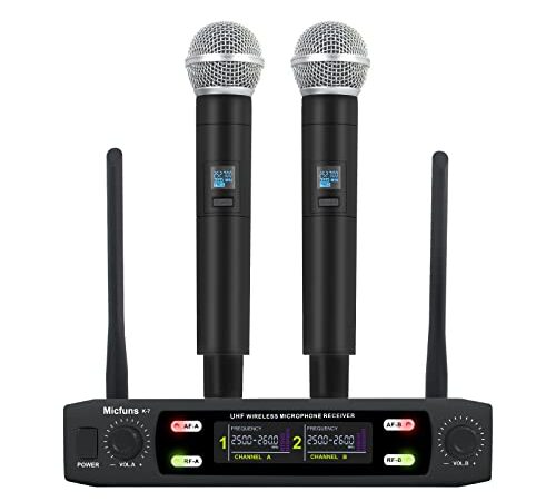 Micfuns K7 - Kit microfono professionale wireless 2 palmare VHF 230-250 MHz sistema microfono 100 m distanza per karaoke, feste, lingua