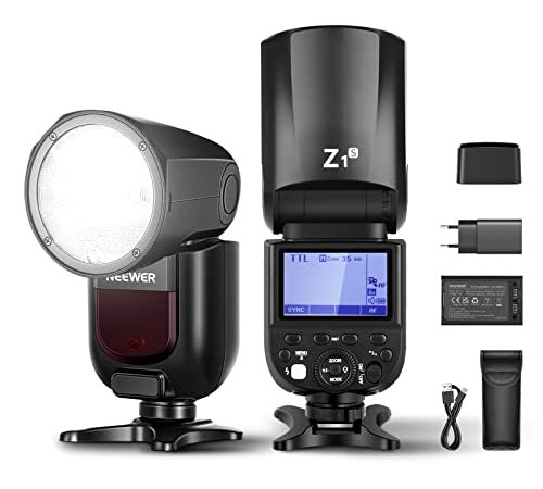 NEEWER Z1-S TTL Flash Speedlite Rotondo per Fotocamere Sony, 76W 2,4G 1/8000s HSS, Lampadina Pilota LED 10 Livelli, Batteria a Litio 2600mAh, 480 Lampi Flash a Potenza Piena, Ricarica in 1,5s