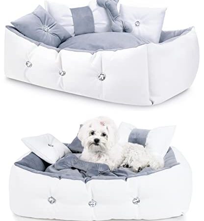 NELKE Deluxe cuccia per cani di piccola taglia media e cuccioli, in stile glamour, colore grigio e bianco, fatta a mano, soffice cuscino lavabile