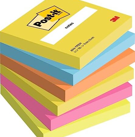 Post-it Foglietti, Collezione Energetic, Confezione da 6 blocchetti, 100 Fogli/blocco, 76mm x 76mm, Colori Giallo, Azzurro, Arancione, Rosa, Verde - Foglietti Adesivi per Appunti, Elenchi & Promemoria
