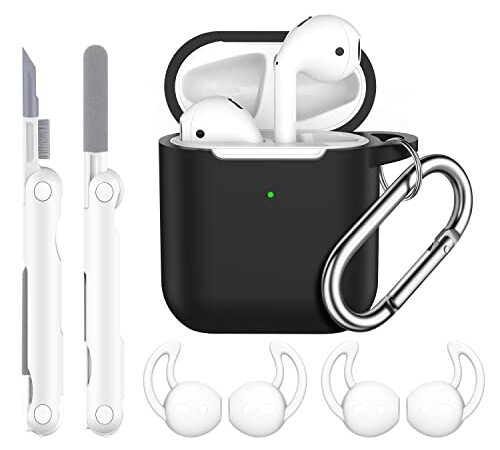 R-fun Custodia per AirPods di seconda generazione e prima generazione con kit di pulizia e gancio per auricolari (2 paia), custodia protettiva in morbido silicone per Apple AirPods, Nero