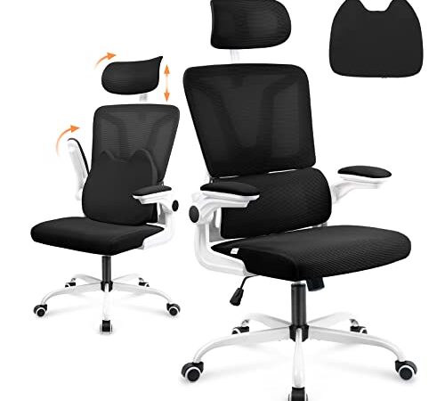 Soontrans Sedia da Ufficio, Sedia Ufficio Ergonomica con Cuscino Lombare, Braccioli Pieghevoli, Poggiatesta Regolabile, Sedia Scrivania con Inclinazione, Poltrona Ufficio Regolabile in Altezza, Nero