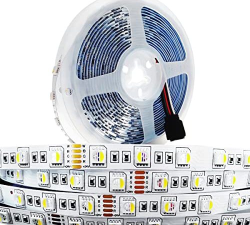 Tesfish Striscia LED 24V, 4 in 1, RGBW RGB + Bianco 6000K 5M Colori Misti Strisce LED SMD 5050 IP20 300 LEDs Nastri LED Luci Colorate per Camera da Letto, Decorazione Cucina