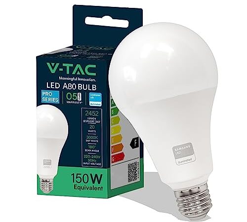 V-TAC Lampadina LED con Attacco Edison E27, 20W (Equivalenti a 150W) A80, 2452 Lumen, Lampadina LED per Massima Efficienza e Risparmio Energetico, Luce 3000K Bianca Calda, VT-233