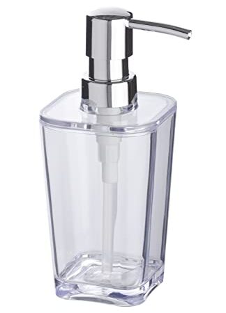 WENKO Dispenser di sapone trasparente Candy - Dispenser di sapone liquido Capacità: 0,33 l, polistirolo, 8,8 x 17,4 x 7,3 cm, trasparente