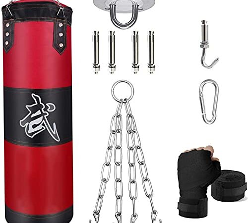 ZERUIDM Sacco da Boxe Appeso, Non-Riempito Pugilato Kickboxing per Adulti Bambini, Duri Pesante con Gancio Catena, Bende da Allenamento per MMA Muay Thai Karatè Taekwondo