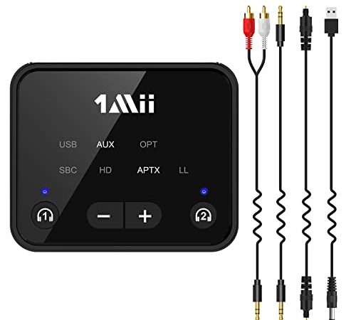 1Mii Trasmettitore Bluetooth 5.3 per TV a 2 Cuffie Senza Fili, Adattatore Bluetooth a Lungo Raggio 100ft per TV aptX Bassa Latenza e Controllo del Volume HD, Ingressi Audio Ottici/USB/AUX/RCA