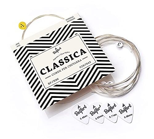 BELFORT® Corde per chitarra classica, corde per chitarra in nylon e argento, chitarra acustica (set di 6 corde) - Incl. 4 plettri + corde Mi extra