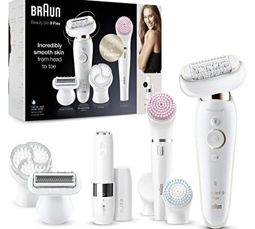 Braun Silk-épil 9 Flex Depilatore Donna, Epilatore Elettrico Donna con Testina Flessibile, Tecnologia MicroGrip, Cappuccio Massaggiante, Idea Regalo, 9105, Bianco e Oro