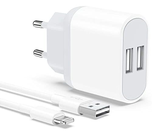 Caricatore iPhone, Caricabatterie con 2M Cavo per iPhone 8 7 6 6S X XS 11 12 13 14 Pro Max Plus, iPad, 2-Pack Carica Batteria 2.1A 5V USB Presa Muro Spina Alimentatore Charger Caricabatteria Nisiyama