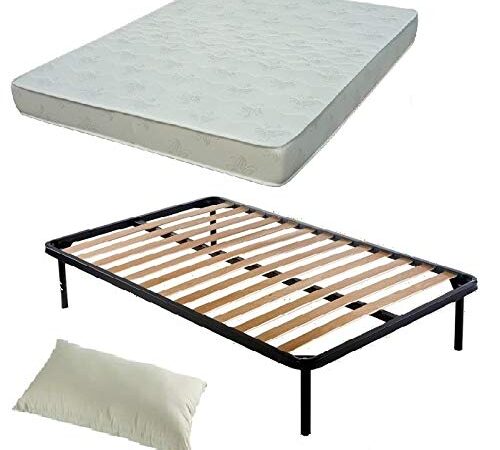 DOLCI SOGNI Letto una Piazza e Mezza con Materasso 120X190, Set Rete e Materasso una Piazza e Mezza 100% Made in Italy, Rete a Doghe in Legno con Struttura Letto 120x190 in Ferro, Cuscino Incluso