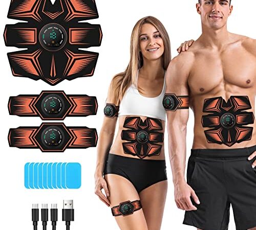 Elettrostimolatore per Addominali, Elettrostimolatore Muscolare， Cintura Addominale Elettrostimolatore, USB Ricaricabile EMS Trainer per Uomini Donne Addome/ Braccia/ Gambe, 8 modalità e 19 intensità