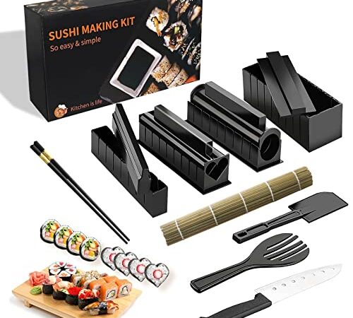 Fiteber Sushi Maker Kit,13 Pezzi Sushi Maker Set per Principianti,Sushi Maker Kit Complet,Con Stampi per il Rotolo Di Riso Sushi,Coltello per Sushi,Tappetino per Sushi,Bacchette(Nero)