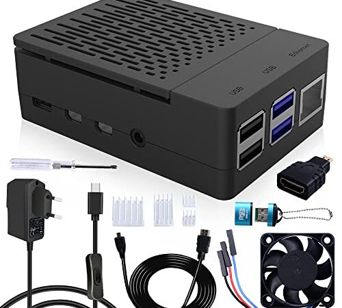 GeeekPi Raspberry Pi 4 Custodia con ventola,5V 3A USB-C Alimentazione Elettrica,Raspberry Pi dissipatore,Micro HDMI Cavo,Micro HDMI-HDMI cavo adattatore,lettore USB per Raspberry Pi 4 modello B