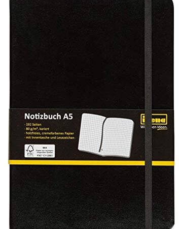 Idena 209281 - Quaderno DIN A5, quadrato, carta crema, 192 pagine, 80 g/m², copertina rigida nera, 1 pz.