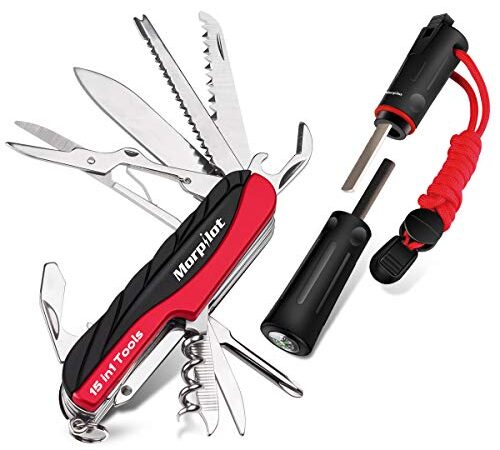 morpilot Coltello Svizzero e Pietra Focaia Set 15 in 1 Coltello Multiuso e 5 in 1 Fire Starter con Fischietto e Bussola per Il Campeggio, Escursioni e Emergenza