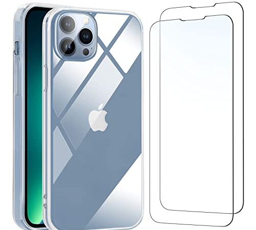 NEW'C Cover per iPhone 13 Pro (6,1) Gel TPU in silicone custodia ultra trasparente e 2 × vetro temperato per iPhone 13 Pro (6,1"), Pellicola proteggi schermo