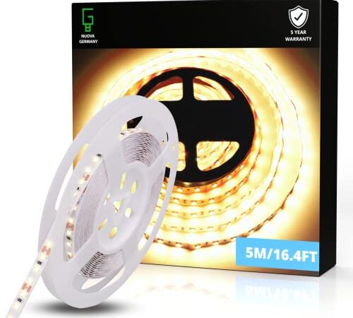 NUOVA GERMANY 5 Metri Striscia LED Bianco Caldo 3000K SMD2835 120LED/m, 24V Dimmerabile Alta Luminosità, 18W/M, 90W, 6500Lumen Totali, Luce Nastro Luminoso, IP20 (5M Calda 3000K)