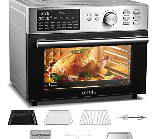 OIMIS Friggitrice ad Aria Calda, Forno multifunzione ad aria capacità domestica 30L timer e temperatura regolabili forno con 7 accessori completi cottura senza olio certificazione CE, Argento