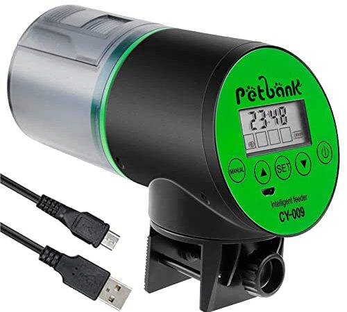 Petbank Mangiatoia Automatica Acquario - Timer Ricaricabile con Cavo di USB Charger, Mangiatoia Pesci con Display LCD, Dispenser Cibo Pesci Automatico,Verde