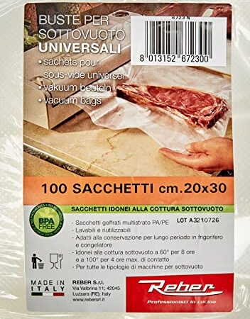 Reber Sacchetti Goffrati 6723N per sottovuoto, 20x30cm, filtro anti-UV, 100pz, trasparente