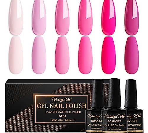 Shining She Smalto Semipermanente Unghie,6 Colori Serie Rosa Kit Semipermanente Unghie,Smalto Gel Unghie UV Soak Off Gel UV Adatto per l'estate 8 ml