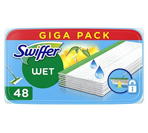 Swiffer Lavapavimenti Wet, 48 Panni Umidi, Limone, Pulizia Igienica Profonda, Rimuove Sporco e Batteri, per Tutti i Tipi di Pavimenti, Maxi Formato, Panni con 36% di Fibre Naturali