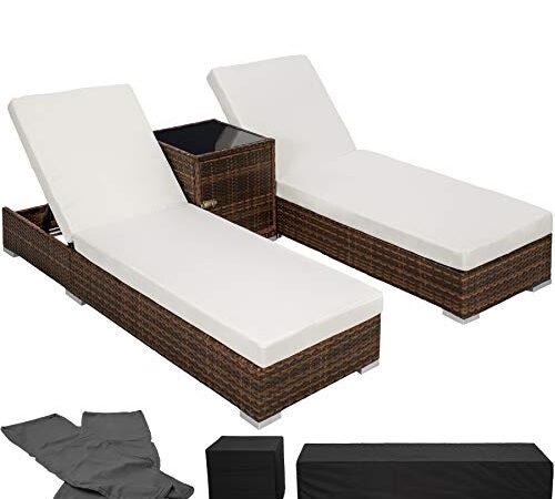 TecTake 2x LETTINO ALLUMINIO POLY RATTAN + TAVOLO SET GIARDINO SDRAIO PRENDISOLE SEDIA + involucro protettivo + 2 federe - disponibile in diversi colori - (Nero/Marrone | No. 401499)