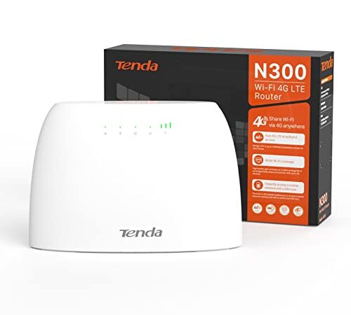 Tenda 4G03 Router 4G LTE fino a 150 Mbps/Wireless fino a 300Mbps, Monitoraggio del Traffico Dati, Porta LAN / WAN, con Slot per Scheda SIM, Nessuna Configurazione