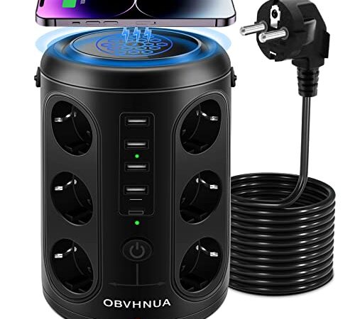 Torretta Multipresa Verticale, OBVHNUA Ciabatta Elettrica, 12 Prese CA 4 Porte di Ricarica USB-A e 1 Porta USB-C, Wireless, per Viaggi, Ufficio Casa, 2500W/15A