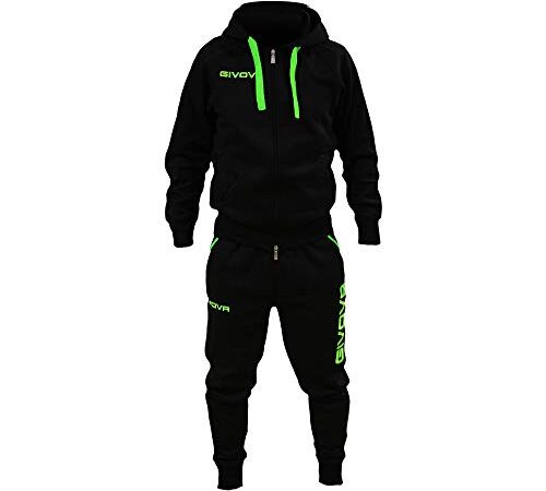 Tuta Givova PS_LF21 Cotone Felpato Con Cappuccio Fitness Relax Training Calcio Volley Basket (L, Nero/Verde Fluo)