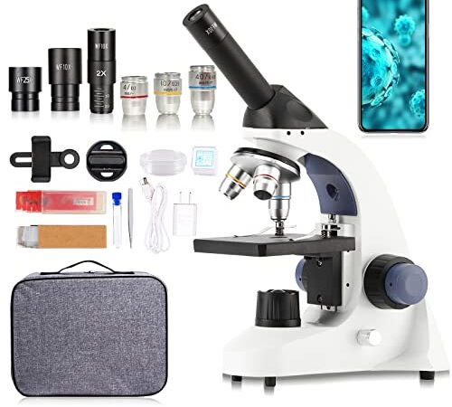 Microscopio monoculare con ingrandimento 40x-2000x e doppia illuminazione a LED, oculari grandangolari WF10x e WF25x.Dotato di Portacellulare.